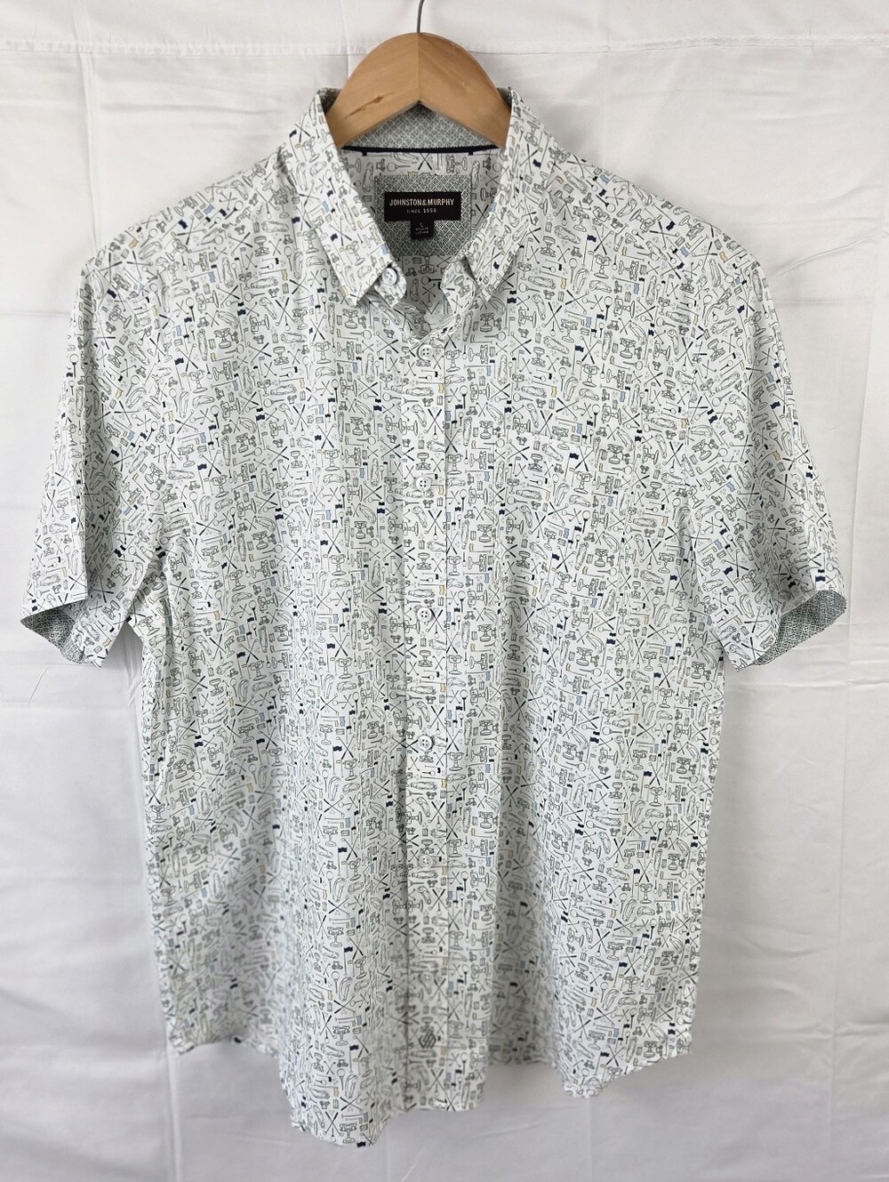 Johnston And Murphy Golf Print Logan Button Up Shirt Mens L White Short Sleeve
